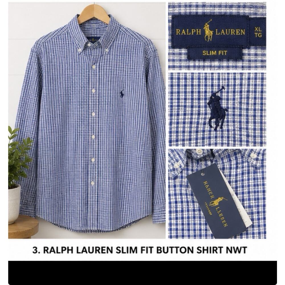 Ralph Lauren Slim Fit Button Shirt Blue Check Mens XL NWT Pony Logo